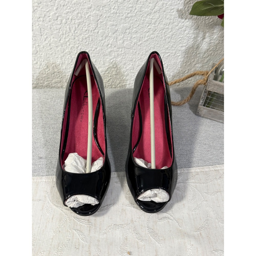 CL by Laundry Natashia Black Patent Peep Toe Wedge Pumps Heels Womens 8